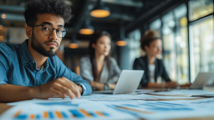 Poster - A man with glasses is looking at a table with several laptops and papers. The scene suggests a work environment where people are working on projects or tasks. The man's focused expression