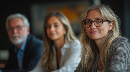 Three people are sitting at a table, one of them wearing glasses. The woman in the glasses is smiling and looking at the camera. The other two people are also smiling