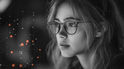 Wall Mural - A woman with glasses is looking at a computer screen. The image is a black and white photo of the woman with a blurry background