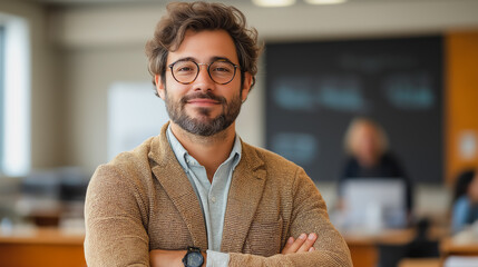 Poster - A man with glasses is smiling and posing for a picture. He is wearing a brown jacket and a blue shirt