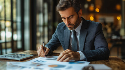 Poster - A man in a suit is writing on a piece of paper. He is focused and serious, likely working on a project or report. Concept of professionalism and concentration, as the man is dressed in a suit and tie