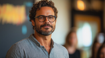 Poster - A man with glasses is smiling at the camera. He is wearing a blue shirt with white stripes