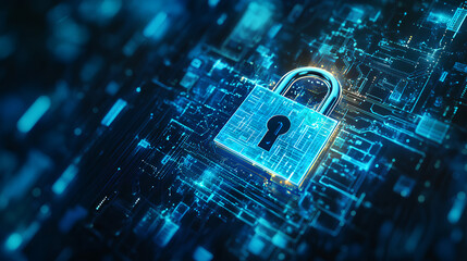 Poster - Digital padlock for computing system on dark blue background, cyber security technology for fraud prevention and privacy data network protection 