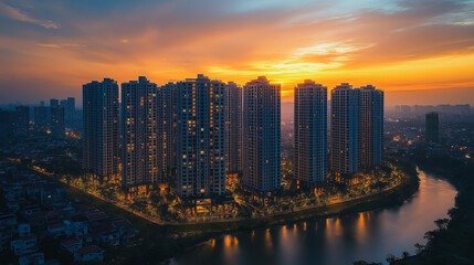 Wall Mural - A city skyline with a river running through it. The sky is orange and the buildings are tall