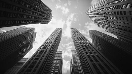 Poster - A black and white photo of a city skyline with tall buildings. The sky is cloudy and the buildings are very tall