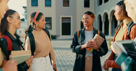 Poster - Friends, students and girls at university with talking in circle for funny conversation, college joke and backpack. Campus, people and diversity with bonding, learning break and happy for scholarship