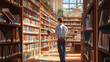 © Shanorsila - A friendly librarian in a library, standing among shelves of books, with reading areas visible in the background