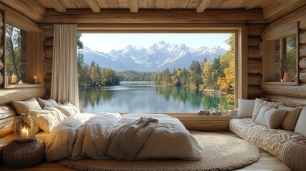 Poster - A bedroom with a large window overlooking a lake