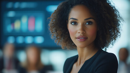 A woman with curly hair is standing in front of a large monitor