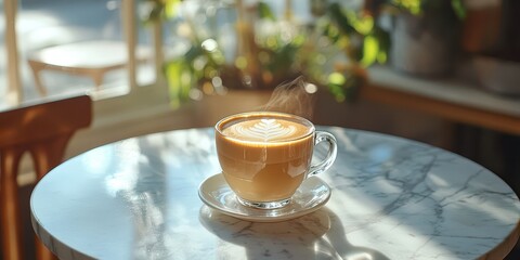 A steaming cup of coffee sits on a marble table in a cozy cafe, surrounded by natural light and greenery.