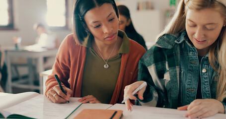 Poster - Education, help and friends writing notes in classroom with studying for test, exam or assignment. Learning, girls and students working on team project together with books for information at academy.