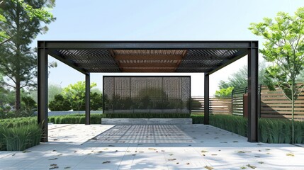 Sticker - Modern Metal Pergola with Geometric Pattern and Grassy Landscaping