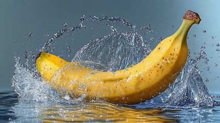 Wall Mural - A ripe yellow banana splashes into water, creating a crown of droplets.