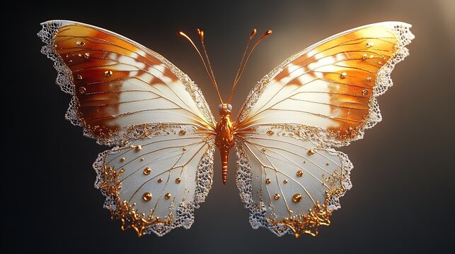 A delicate butterfly encased in a clear ice crystal, with its wings spread out and frozen in motion.