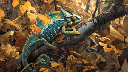 Wall Mural - A Vibrant Chameleon Camouflaged Among Autumn Leaves