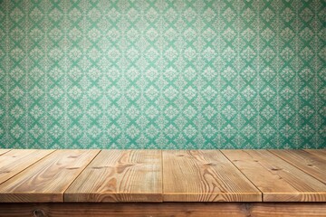 Close-up of empty wooden deck table over mint wallpaper background