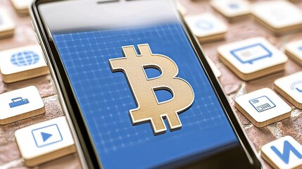 Poster - Smartphone with Bitcoin Symbol and Digital Interface Icons