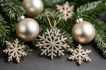 Festive holiday decorations with sparkling snowflakes golden baubles