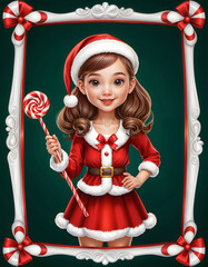 Cheerful young girl in Santa outfit holding candy cane in festive framed portrait