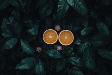 Wall Mural - Fresh oranges split in half amidst dark green leaves