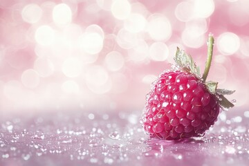 Wall Mural - Sparkling fresh raspberry on shimmering pink backdrop