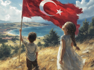 two children holding Turkish flag