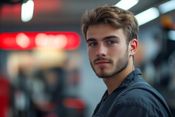 Man with a beard and a smile is wearing a blue shirt. He is standing in front of a red wall. Oil change mechanic technician male brown hair blurry background with red accents