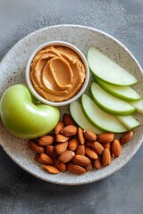 healthy snack food with wlices of apple and peanut butter dip