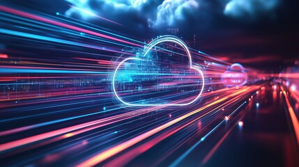 Poster - Cloud technology visualization with vibrant light trails, digital cityscape background