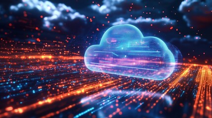 Poster - Digital cloud technology with glowing data streams and abstract background