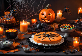 A Halloween party on a long table decorated with skeletons sitting on the sides and bat and pumpkin-shaped candies scattered all over the table.