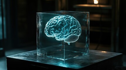 Poster - 3D holographic brain model in glass display, illuminated with blue light