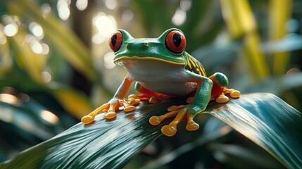 a captivating shot of a vibrant red-eyed tree frog perched on a tropical leaf in a lush rainforest. 