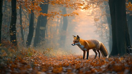 A serene photograph of a lone fox wandering through a misty, autumn forest. The fox reddish fur and the soft, early morning light create a peaceful and atmospheric scene among the fallen leaves and