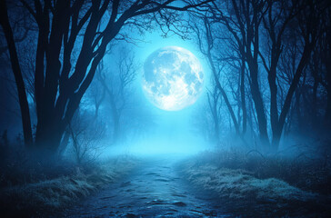 Mysterious foggy night in forest with full moon illuminating path. eerie atmosphere evokes sense of wonder and intrigue