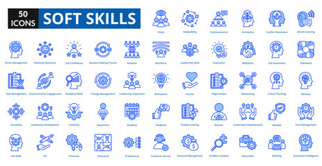 soft skills blue icon set collection. Active Listening, teamwork, Mindset, Time Management, Emotional Intelligence, Vision, Adaptability, Communication, innovation, Conflict Resolution
