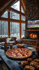 A pizza is on a table in front of a fireplace