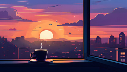 Cup of coffee on windowsill with sunset city view 2D cartoon illustration. Tranquil evening cityscape lofi wallpaper background lo-fi art. Dusk calm flat image cozy chill vibe 