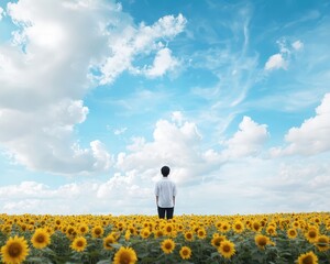 A person standing in a field of sunflowers, symbolizing the brightness and positivity of an abundance mindset.