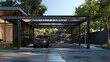 © Imsuniyah - Modern House with Black Metal Pergola and Car Parked Underneath