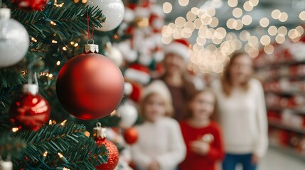 Festive family moment near a decorated Christmas tree