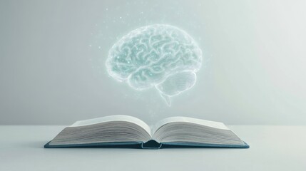 Poster - An open book with a glowing human brain created by AI floating upwards, symbolizing innovation in learning and technology on a simple white backdrop.