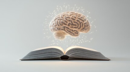 Poster - An open book with a glowing human brain created by AI floating upwards, symbolizing innovation in learning and technology on a simple white backdrop.