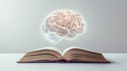 Poster - An open book with a glowing human brain created by AI floating upwards, symbolizing innovation in learning and technology on a simple white backdrop.