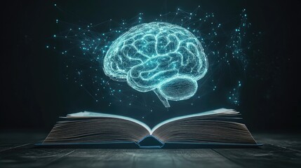 Poster - An open book with a glowing human brain created by AI, floating upwards, symbolizing the intersection of education and technology, on a minimalist backdrop.