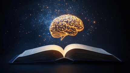 Poster - An open book with a glowing human brain created by AI, floating upwards, symbolizing the intersection of education and technology, on a minimalist backdrop.