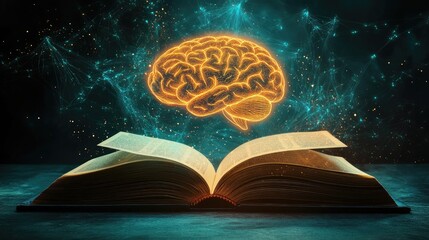 Poster - An open book with a glowing human brain created by AI, floating upwards, symbolizing the intersection of education and technology, on a minimalist backdrop.