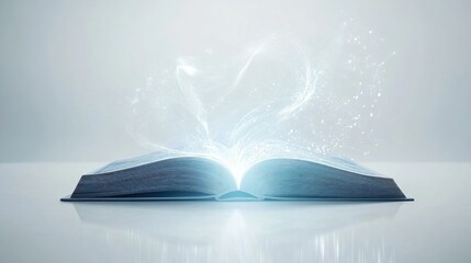 Poster - Futuristic technology book with light floating out of the pages, on a simple, clean white background.