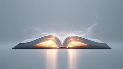 Poster - Futuristic technology book with light floating out of the pages, on a simple, clean white background.