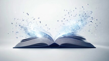 Poster - Futuristic technology book with light floating out of the pages, on a simple, clean white background.